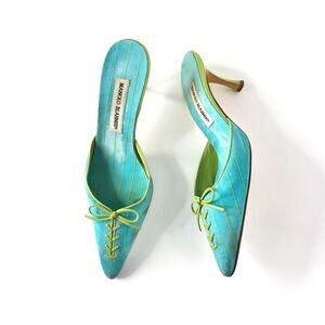 Vintage Manolo Blahnik Bow Lace Up Pinstripe Pointed Toe 39